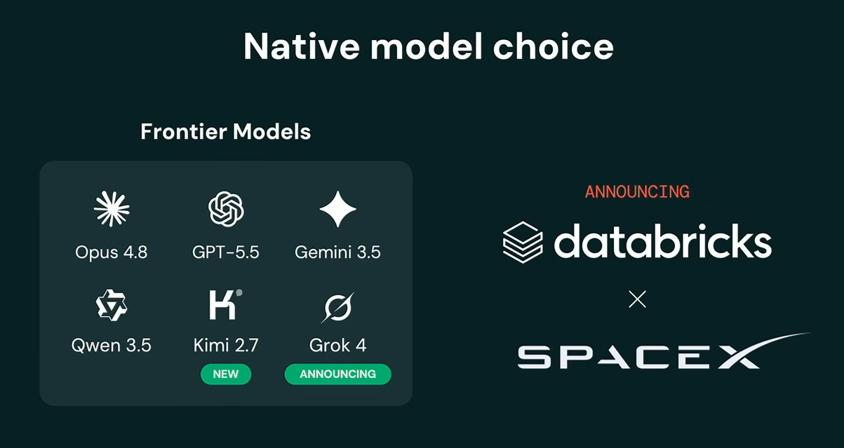 Expanded model support across Agent Bricks, as presented by Kasey Uhlenhuth at Databricks Data + AI Summit 2026 (Source:Databricks Data + AI Summit 2026)