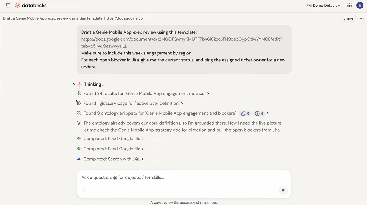 Databricks Genie demo:, as presented by Elise Georis at Databricks Data + AI Summit 2026 (Source: Databricks Data + AI Summit 2026)