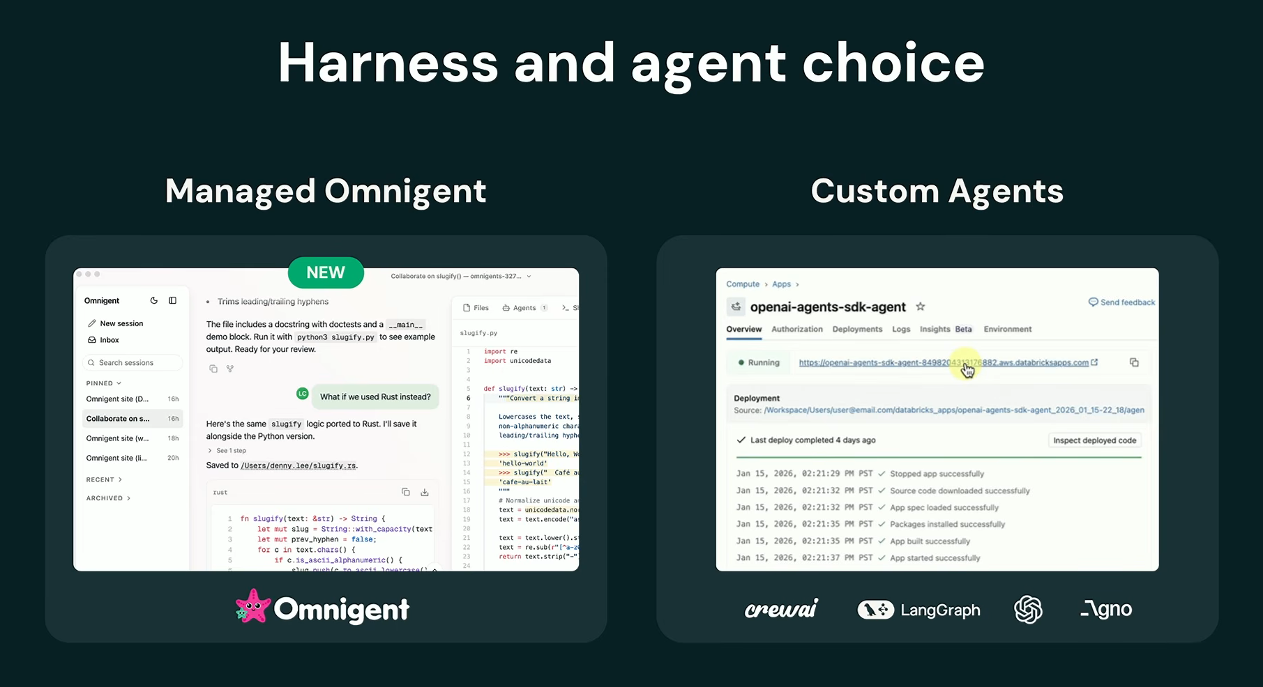 Agent Bricks framework compatibility overview, as presented by Kasey Uhlenhuth at Databricks Data + AI Summit 2026 (Source:Databricks Data + AI Summit 2026)