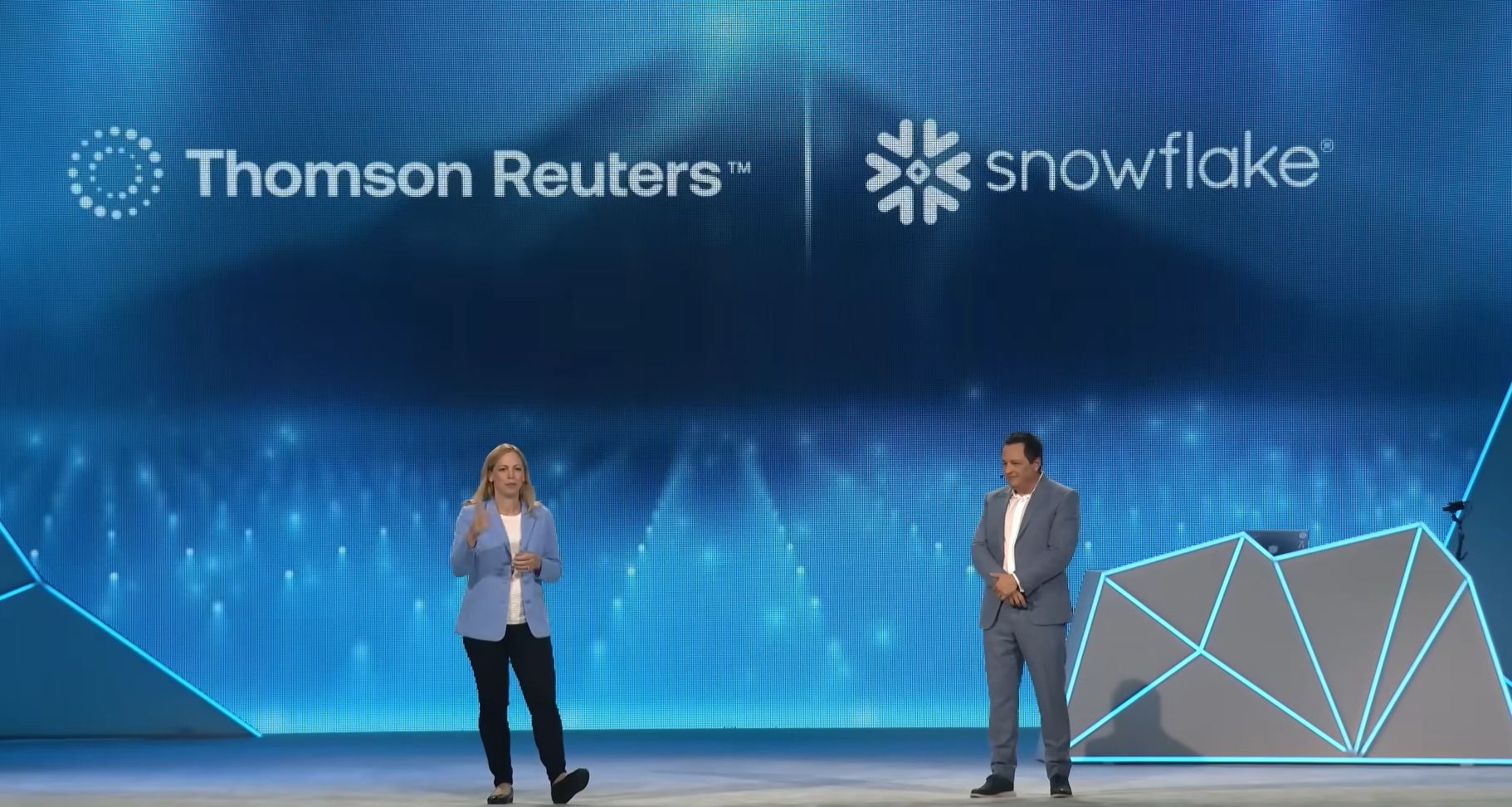 Caitlin Halferty, Head of Data and Analytics at Thomson Reuters, on stage with Christian Kleinerman at the Snowflake Summit 2026