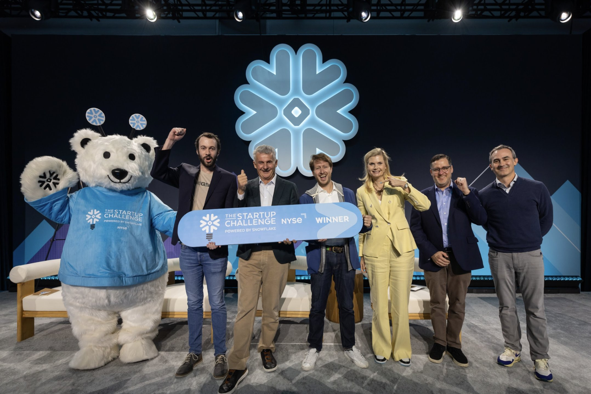 LGND AI founding team with Benoit Dageville holding the Snowflake Startup Challenge 2026 championship plaque – Snowflake Summit 2026