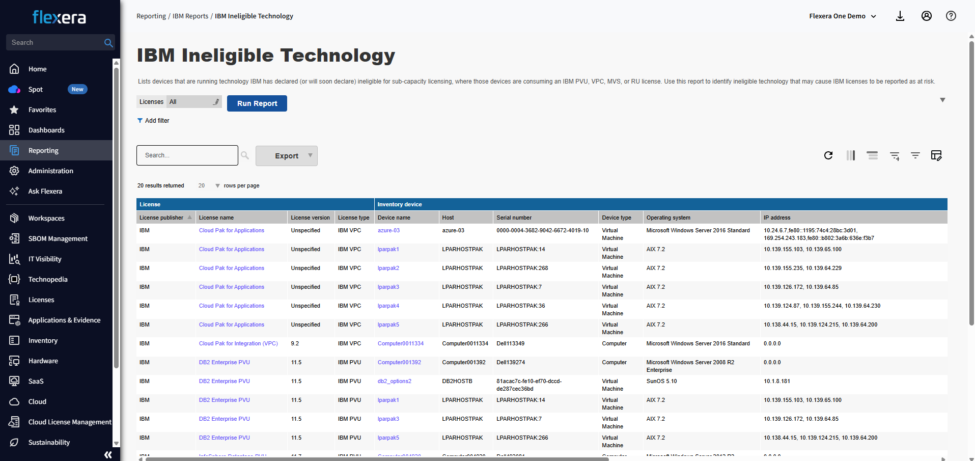 Flexera One IT Asset Management now leverages IBM EOS lifecycle data to automatically identify inventory devices associated with IBM sub-capacity licenses that are running operating systems and virtualization technologies that have reached or are approaching EOS.