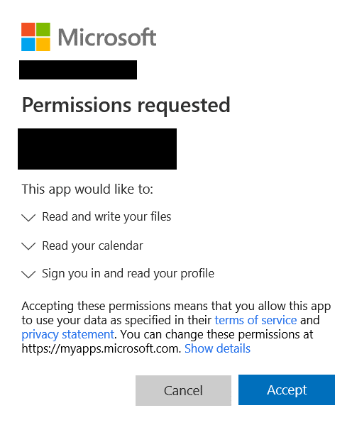 OAuth consent screen where a third-party app asks to read email, files and calendars and keep that access
