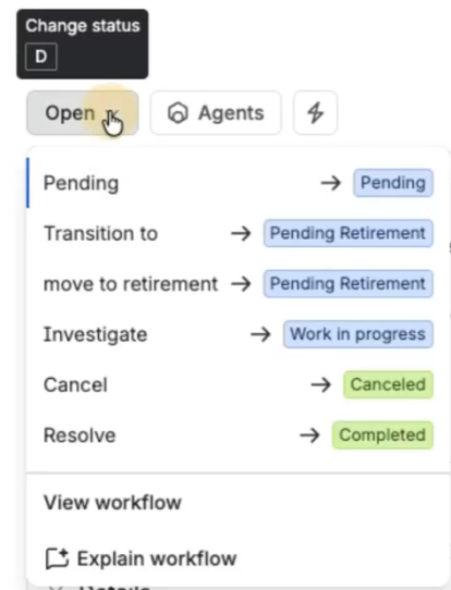Jira Service Management request status menu showing the Pending Retirement transition - Flexera Atlassian integration- Flexera integration