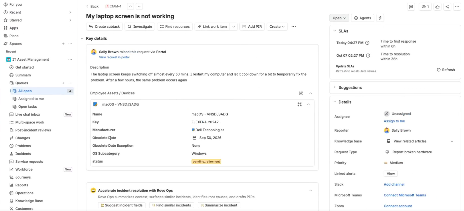 Jira Service Management ticket showing expanded details for a linked hardware asset, including its lifecycle dates - Flexera Atlassian integration- Flexera integration