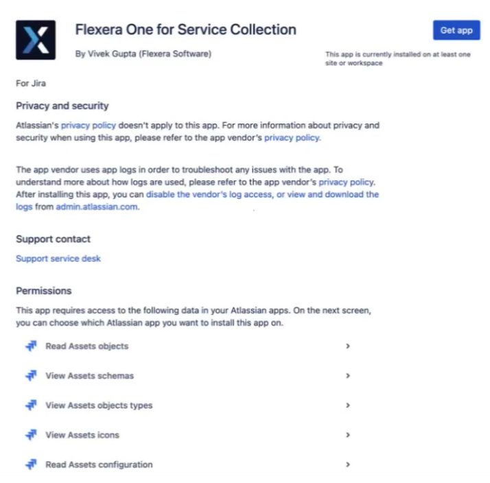 Atlassian Marketplace listing for Flexera One for Service Collection showing app details and required permissions - Flexera Atlassian integration- Flexera integration