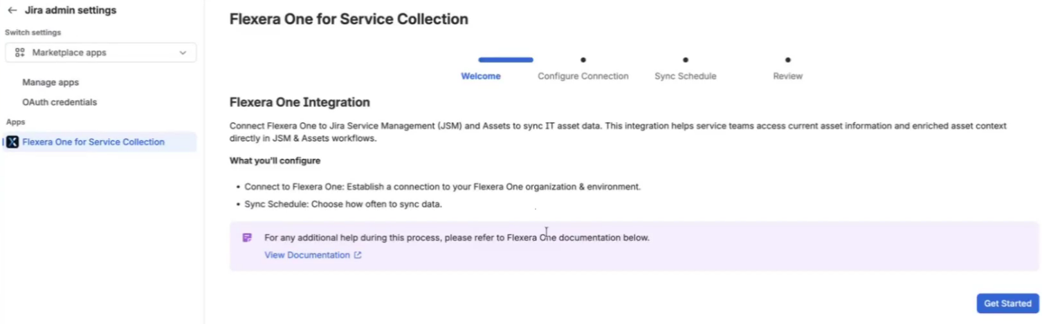 Welcome page for Flexera One for Service Collection with setup information and a documentation link - Flexera Atlassian integration- Flexera integration