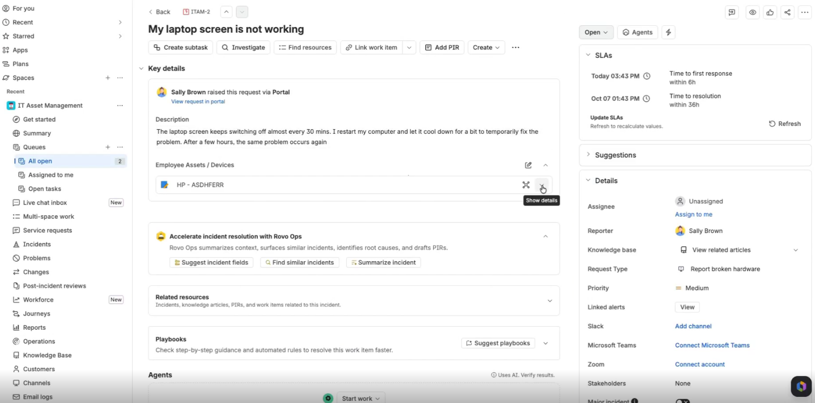 Jira Service Management request showing the requester and the linked device from the Flexera schema - Flexera Atlassian integration- Flexera integration