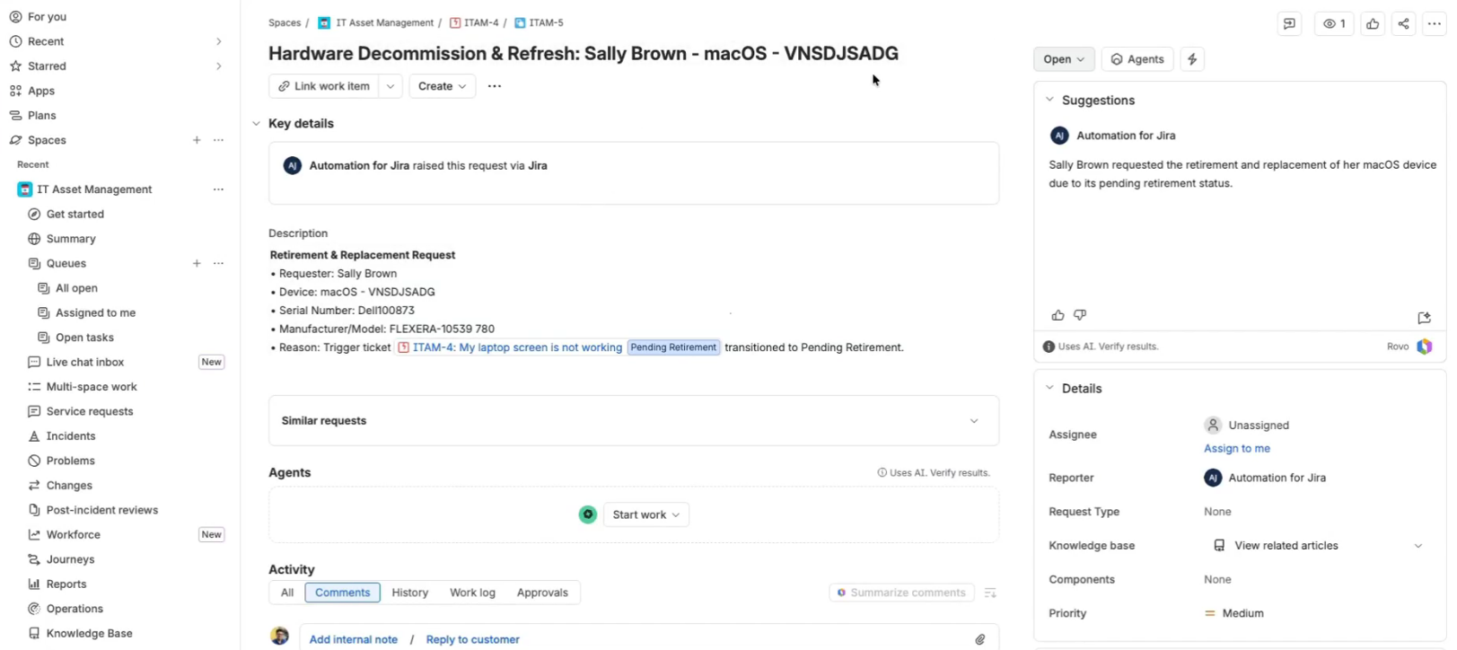 Jira Service Management Hardware Decommission and Refresh subtask showing the carried-over employee, device and request details - Flexera Atlassian integration- Flexera integration