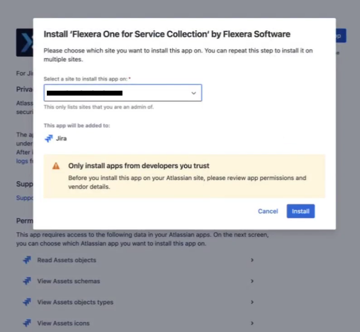 nstallation dialog for Flexera One for Service Collection showing site selection and requested permissions - Flexera Atlassian integration- Flexera integration