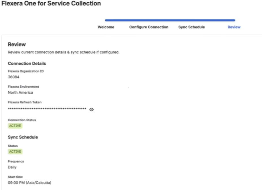 Review screen summarizing the region, organization and sync schedule for the Flexera Atlassian integration - Flexera Atlassian integration