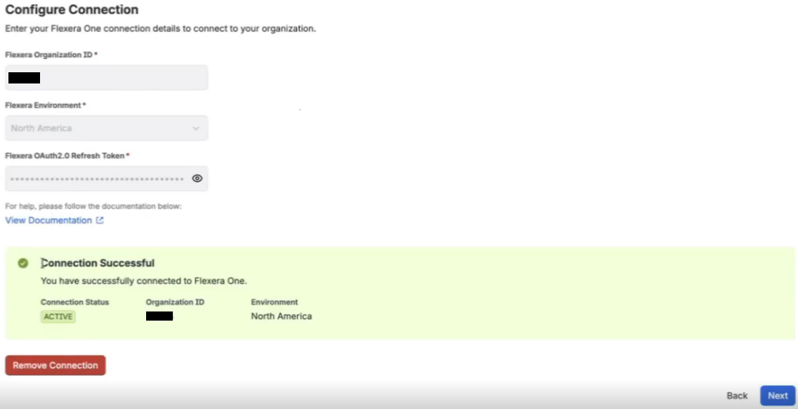 Connection successful message after the Flexera integration validates the connection - Flexera Atlassian integration- Flexera integration