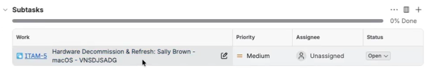 ira subtasks panel showing the open Hardware Decommission and Refresh subtask that Jira automation created - Flexera Atlassian integration- Flexera integration