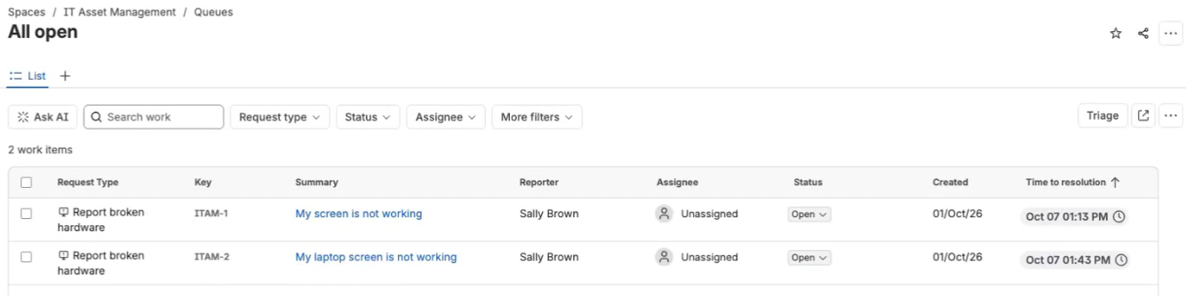Jira Service Management queue showing open hardware tickets - Flexera Atlassian integration- Flexera integration