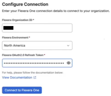 Connection page for Flexera One for Service Collection showing the Flexera One refresh token field - Flexera Atlassian integration- Flexera integration