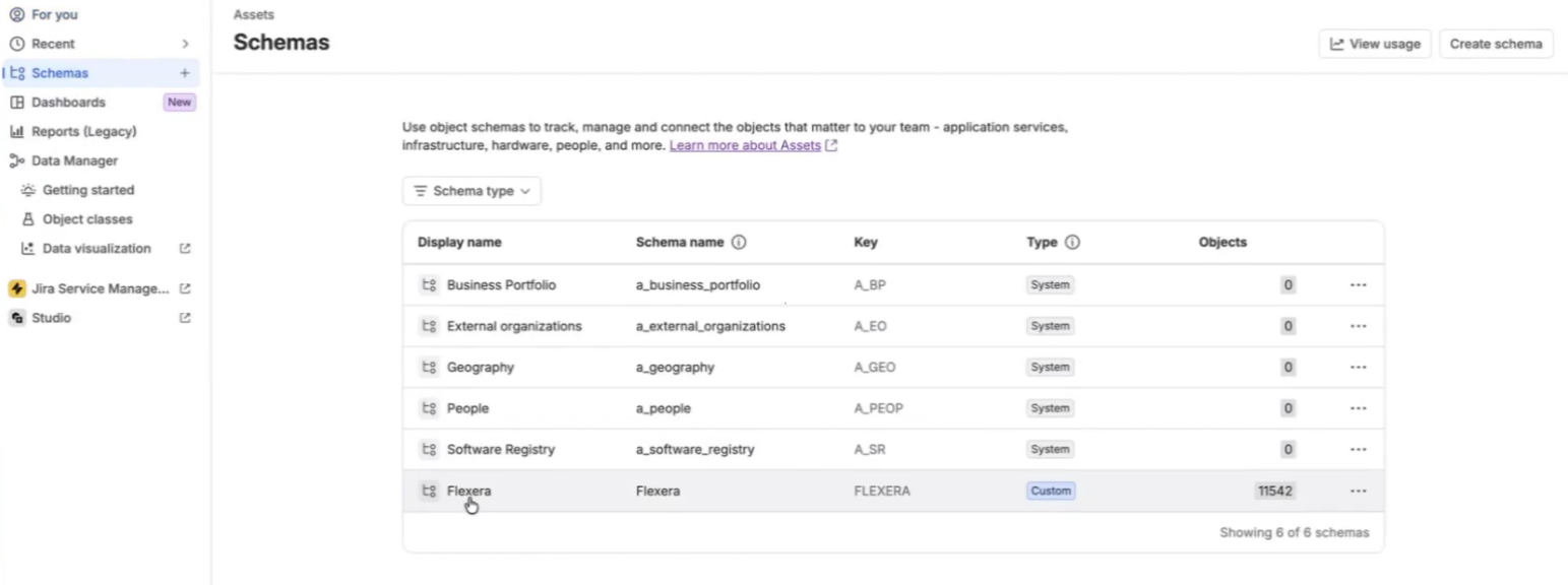 Atlassian Assets showing the dedicated schema created by the Flexera Atlassian integration
