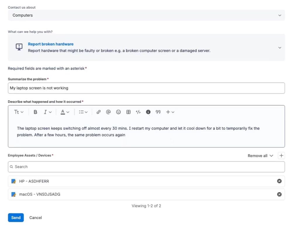 Jira Service Management request form for a hardware issue with an Assets objects field for picking the affected device - Flexera Atlassian integration- Flexera integration