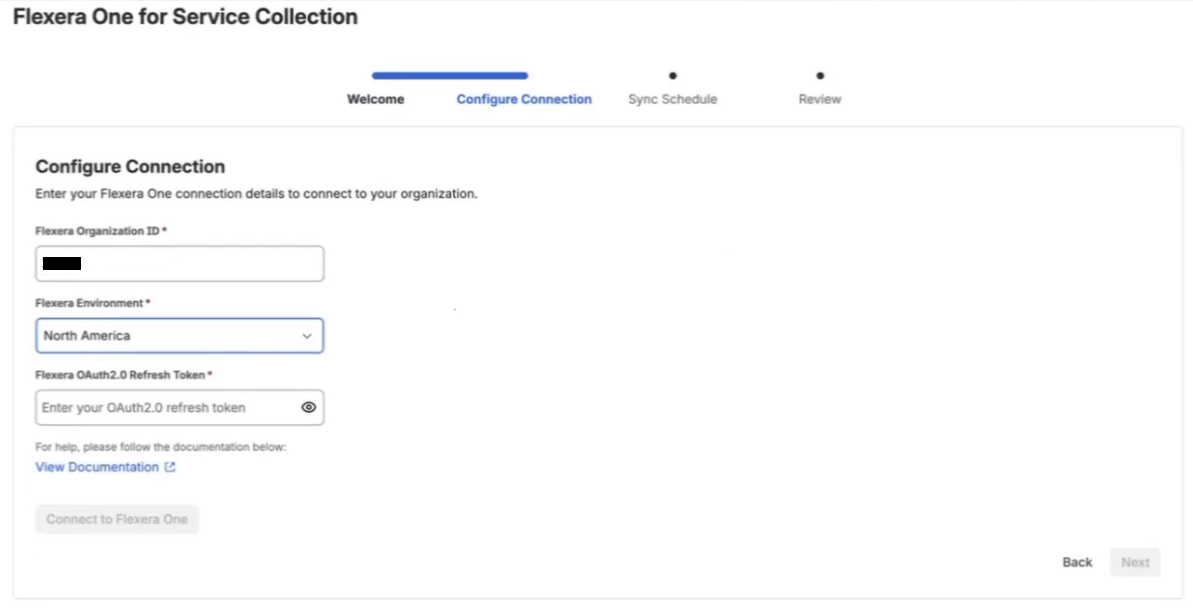 Connection page for the Flexera Atlassian integration showing the organization ID and region fields - Flexera Atlassian integration- Flexera integration
