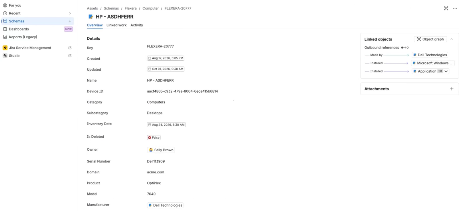 Show details panel on a Jira Service Management request listing the linked device's attributes - Flexera Atlassian integration- Flexera integration