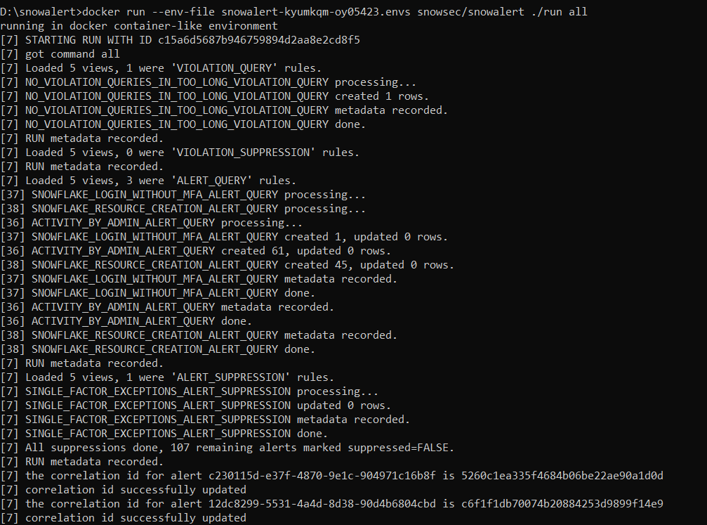 Initiating the SnowAlert runner to view the sample alert and violation by running docker run command - Snowalert