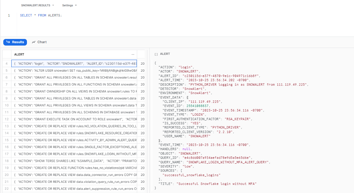 Inspecting the entire result and open the details in the worksheet - Snowalert