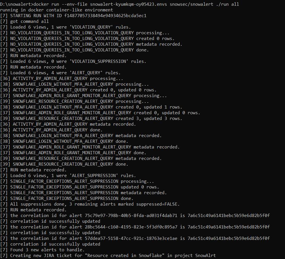 Reruning the SnowAlert container to execute this new rule - Snowalert