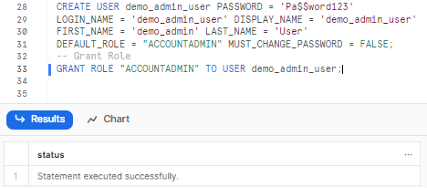 Creating user demo_admin_user & granting role - Snowalert