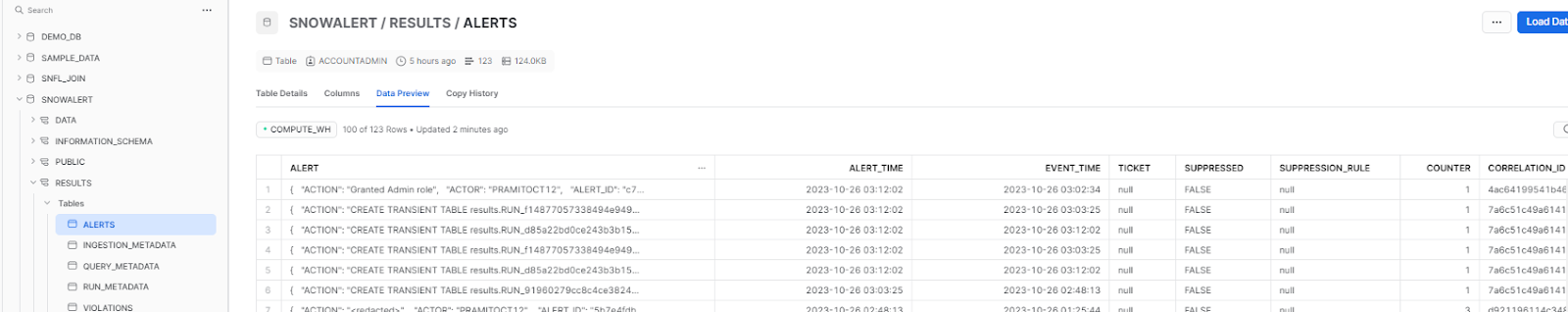 Reviewing the output displays admin role grants - Snowalert