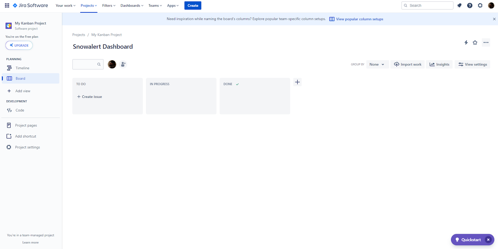 Inspecting Jira Software interface, specifically the Snowalert Dashboard - Snowalert 