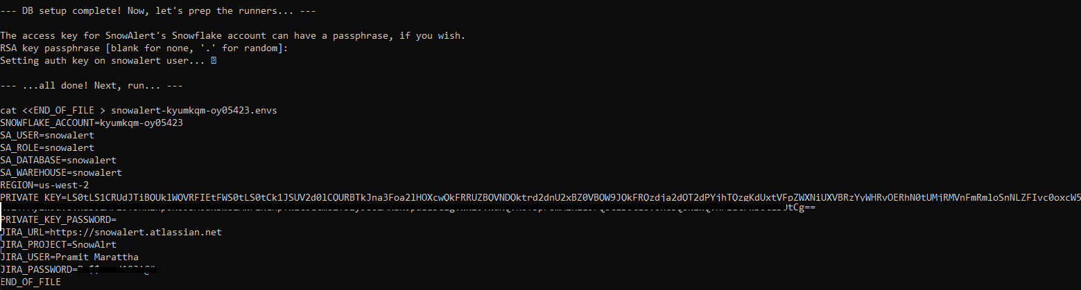 Initiating setup, entering SnowAlert's Snowflake key and choosing the passphrase option - Snowalert