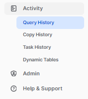 Activity section and Query history dropdown menu - Snowflake rename column - rename column Snowflake - Snowflake column