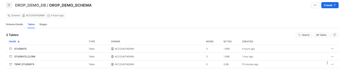 Selecting “Tables” option - Snowflake DROP TABLE