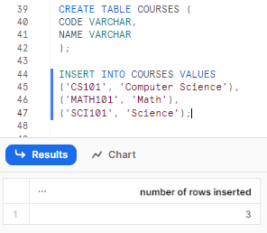 Creating COURSES table and inserting dummy data - Snowflake QUALIFY