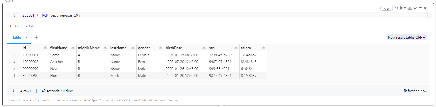 Selecting all from test_people_10m - Databricks Delta Lake