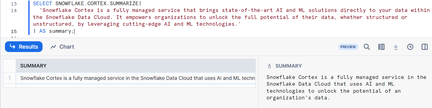 Summarizing Text Using Summarize Function - Snowflake Cortex LLM Function