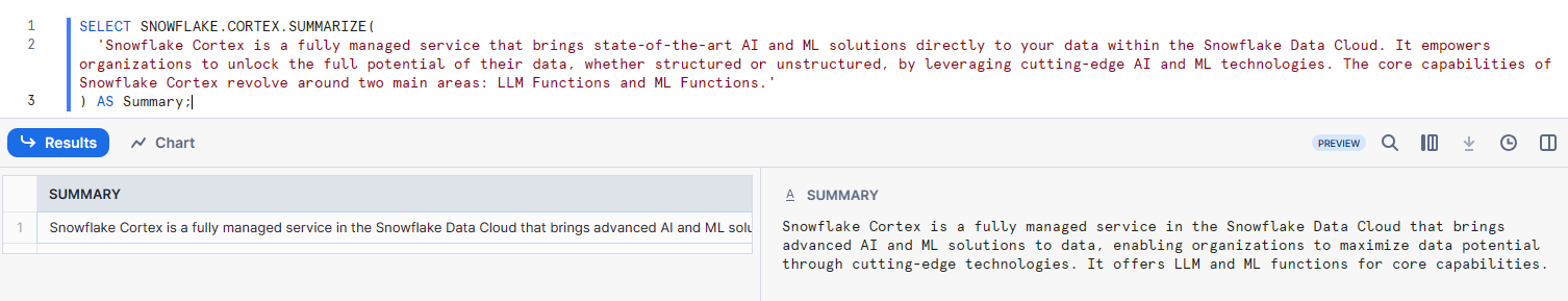 Example of using the SUMMARIZE function - Snowflake CORTEX LLM Function