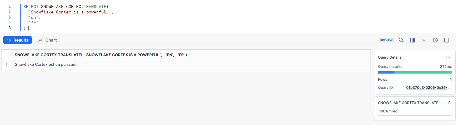 Example of using the TRANSLATE function - Snowflake CORTEX LLM Function