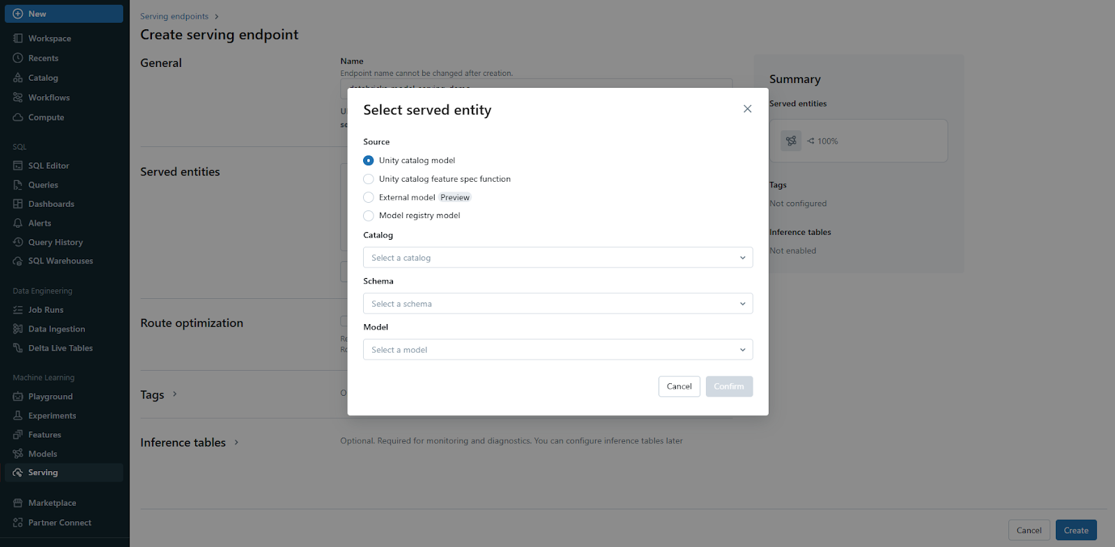 Creating the serving endpoint - Databricks Model Serving - Model Serving - Model Serving Databricks - Serverless Compute - Databricks Model Serving Pricing - Machine Learning Model Deployment - ML Model Serving - MLflow Model Serving - Mlflow Serving - Deploy Machine Learning Model - Databricks MLflow - Managed MLflow - MLflow Model Registry - MLflow