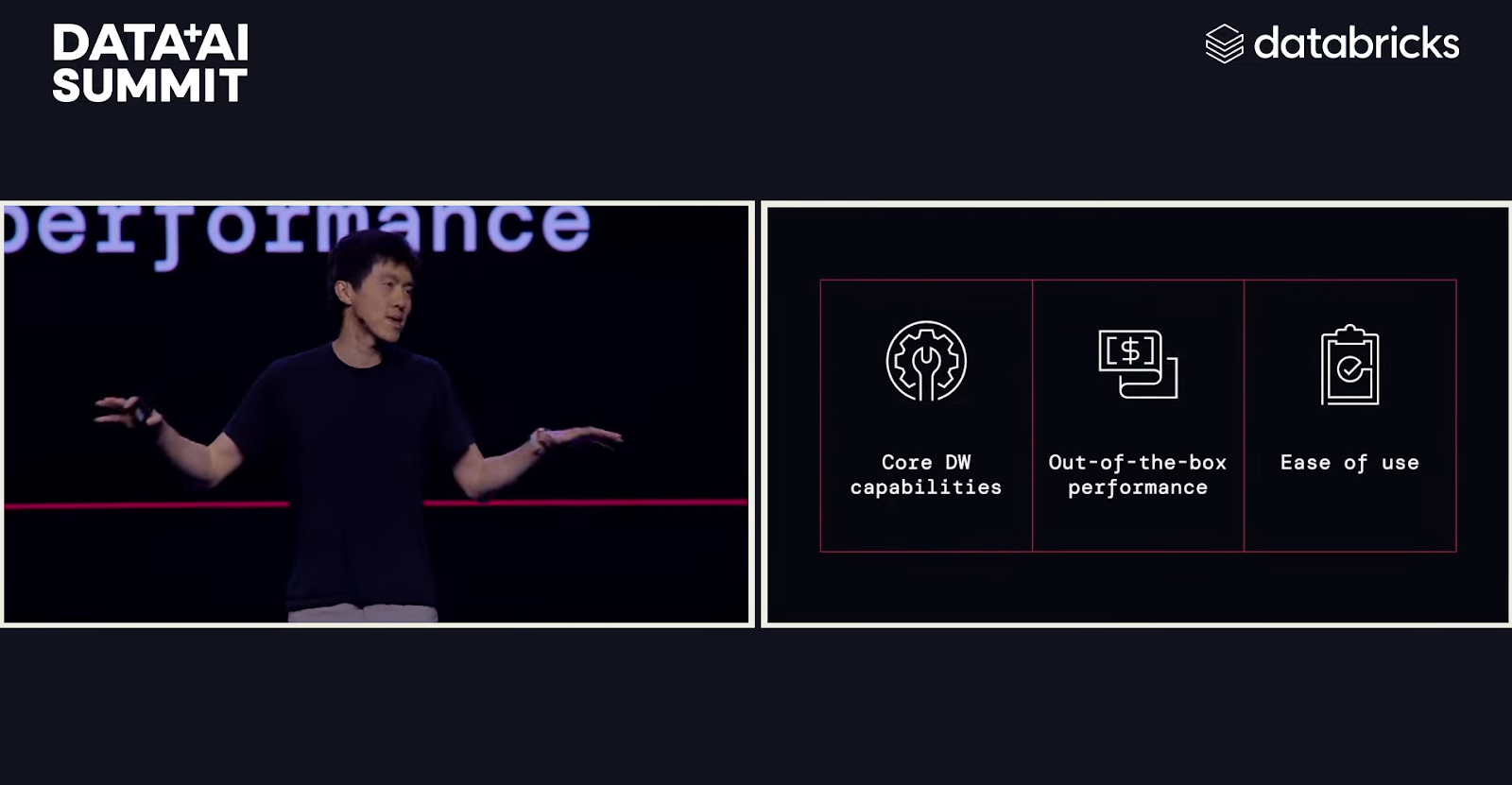 Reynold Xin highlighting the core fundamental areas of improvement in Databricks - Databricks Data and AI Summit - Databricks Summit - Databricks Unity Catalog - Mosaic AI - Databricks Mosaic AI - DeltaLake - Databricks DeltaLake - Predictive Optimization - Liquid Clustering - Databricks Clean Rooms - Databricks AI Summit - Databricks Summit 2024 - Databricks Data AI Summit - Databricks Data AI
