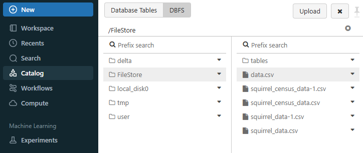 Navigating to the DBFS tab in Databricks - Databricks FileStore