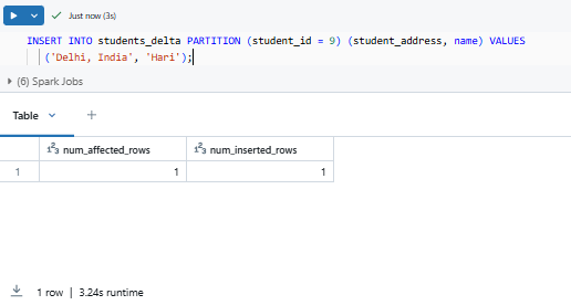 Inserting data to student_delta Databricks table - Databricks INSERT INTO – Databricks INSERT – Delta Lake – Databricks Delta Lake – Databricks Unity Catalog – Databricks Notebooks – Databricks Clusters – Databricks Runtime – Databricks SQL Warehouse – Databricks Delta Table – Databricks Table – Databricks CREATE TABLE – Databricks OPTIMIZE – Databricks Time Travel – Databricks MERGE INTO – Databricks COPY INTO – DataFrame API – PySpark – Databricks PySpark – Spark SQL – Databricks Spark SQL – Databricks Create Table As Select – Databricks CTAS – Databricks INSERT OVERWRITE – Databricks REPLACE WHERE
