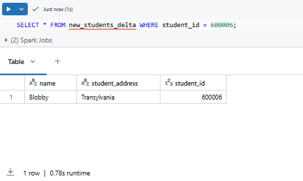 Inserting data into student_id=600006 partition in new_students_delta - Databricks INSERT INTO – Databricks INSERT – Delta Lake – Databricks Delta Lake – Databricks Unity Catalog – Databricks Notebooks – Databricks Clusters – Databricks Runtime – Databricks SQL Warehouse – Databricks Delta Table – Databricks Table – Databricks CREATE TABLE – Databricks OPTIMIZE – Databricks Time Travel – Databricks MERGE INTO – Databricks COPY INTO – DataFrame API – PySpark – Databricks PySpark – Spark SQL – Databricks Spark SQL – Databricks Create Table As Select – Databricks CTAS – Databricks INSERT OVERWRITE – Databricks REPLACE WHERE