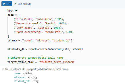 Creating DataFrame and appending data to students_delta_pyspark tableCreating DataFrame and appending data to students_delta_pyspark table