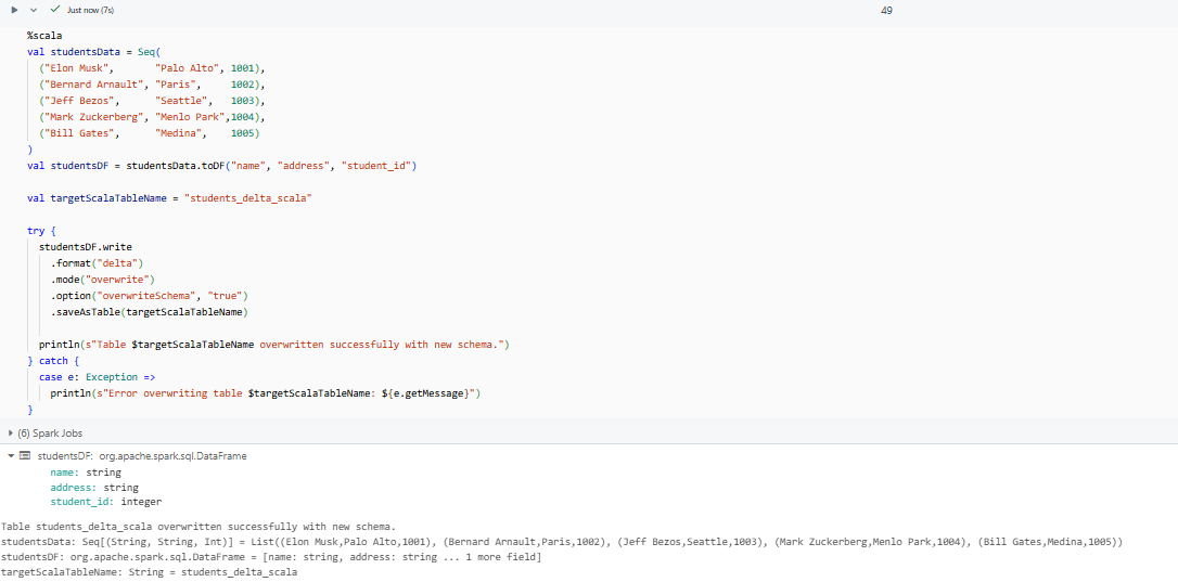 Creating DataFrame and overwriting targetScalaTableName with new schema - Databricks INSERT INTO – Databricks INSERT – Delta Lake – Databricks Delta Lake – Databricks Unity Catalog – Databricks Notebooks – Databricks Clusters – Databricks Runtime – Databricks SQL Warehouse – Databricks Delta Table – Databricks Table – Databricks CREATE TABLE – Databricks OPTIMIZE – Databricks Time Travel – Databricks MERGE INTO – Databricks COPY INTO – DataFrame API – PySpark – Databricks PySpark – Spark SQL – Databricks Spark SQL – Databricks Create Table As Select – Databricks CTAS – Databricks INSERT OVERWRITE – Databricks REPLACE WHERE