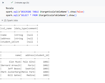 Showing table description and records from targetScalaTableName - Databricks INSERT INTO – Databricks INSERT – Delta Lake – Databricks Delta Lake – Databricks Unity Catalog – Databricks Notebooks – Databricks Clusters – Databricks Runtime – Databricks SQL Warehouse – Databricks Delta Table – Databricks Table – Databricks CREATE TABLE – Databricks OPTIMIZE – Databricks Time Travel – Databricks MERGE INTO – Databricks COPY INTO – DataFrame API – PySpark – Databricks PySpark – Spark SQL – Databricks Spark SQL – Databricks Create Table As Select – Databricks CTAS – Databricks INSERT OVERWRITE – Databricks REPLACE WHERE