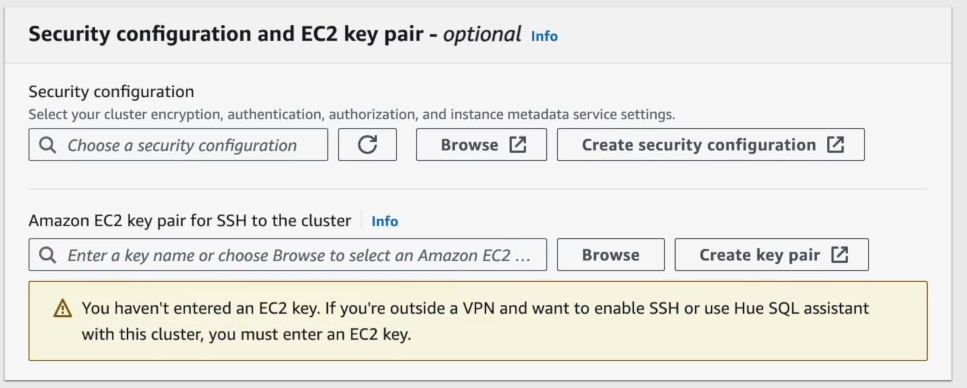 Configuring Security and EC2 key pair - AWS – AWS EMR – EMR Cluster – AWS EMR Cluster – Create EMR Cluster – Create an EMR Cluster – AWS EMR Create Cluster – EMR Create Cluster – AWS Elastic Compute Cloud – Elastic Compute Cloud – AWS EC2 – EC2 instance – EC2 instance type – AWS S3 – AWS VPCs – AWS Identity and Access Management – AWS IAM – AWS Virtual Private Cloud – AWS VPC – AWS EKS – Elastic Kubernetes Service – AWS Spot Instances – ETL workflow – CloudWatch monitoring – EC2 Security Groups – EC2 Key Pair – Big Data Framework – Managed Big Data Platform – Apache Spark – Spark on EMR – Apache Hadoop – Apache Flink – Trino – Apache Hive – AWS Ecosystem – EMR Studio – EMRFS – EMR File System – AWS Graviton2 – EMR Notebooks – EMR Features – EMR Architecture – AWS EMR Architecture – AWS EMR best practices – EMR Nodes – EMR Performance