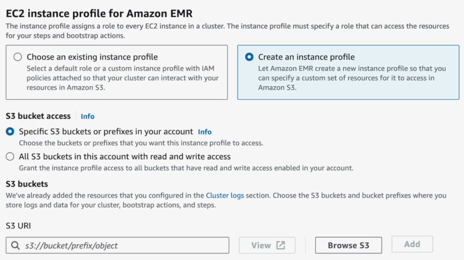 Creating an EC2 instance profile - AWS – AWS EMR – EMR Cluster – AWS EMR Cluster – Create EMR Cluster – Create an EMR Cluster – AWS EMR Create Cluster – EMR Create Cluster – AWS Elastic Compute Cloud – Elastic Compute Cloud – AWS EC2 – EC2 instance – EC2 instance type – AWS S3 – AWS VPCs – AWS Identity and Access Management – AWS IAM – AWS Virtual Private Cloud – AWS VPC – AWS EKS – Elastic Kubernetes Service – AWS Spot Instances – ETL workflow – CloudWatch monitoring – EC2 Security Groups – EC2 Key Pair – Big Data Framework – Managed Big Data Platform – Apache Spark – Spark on EMR – Apache Hadoop – Apache Flink – Trino – Apache Hive – AWS Ecosystem – EMR Studio – EMRFS – EMR File System – AWS Graviton2 – EMR Notebooks – EMR Features – EMR Architecture – AWS EMR Architecture – AWS EMR best practices – EMR Nodes – EMR Performance