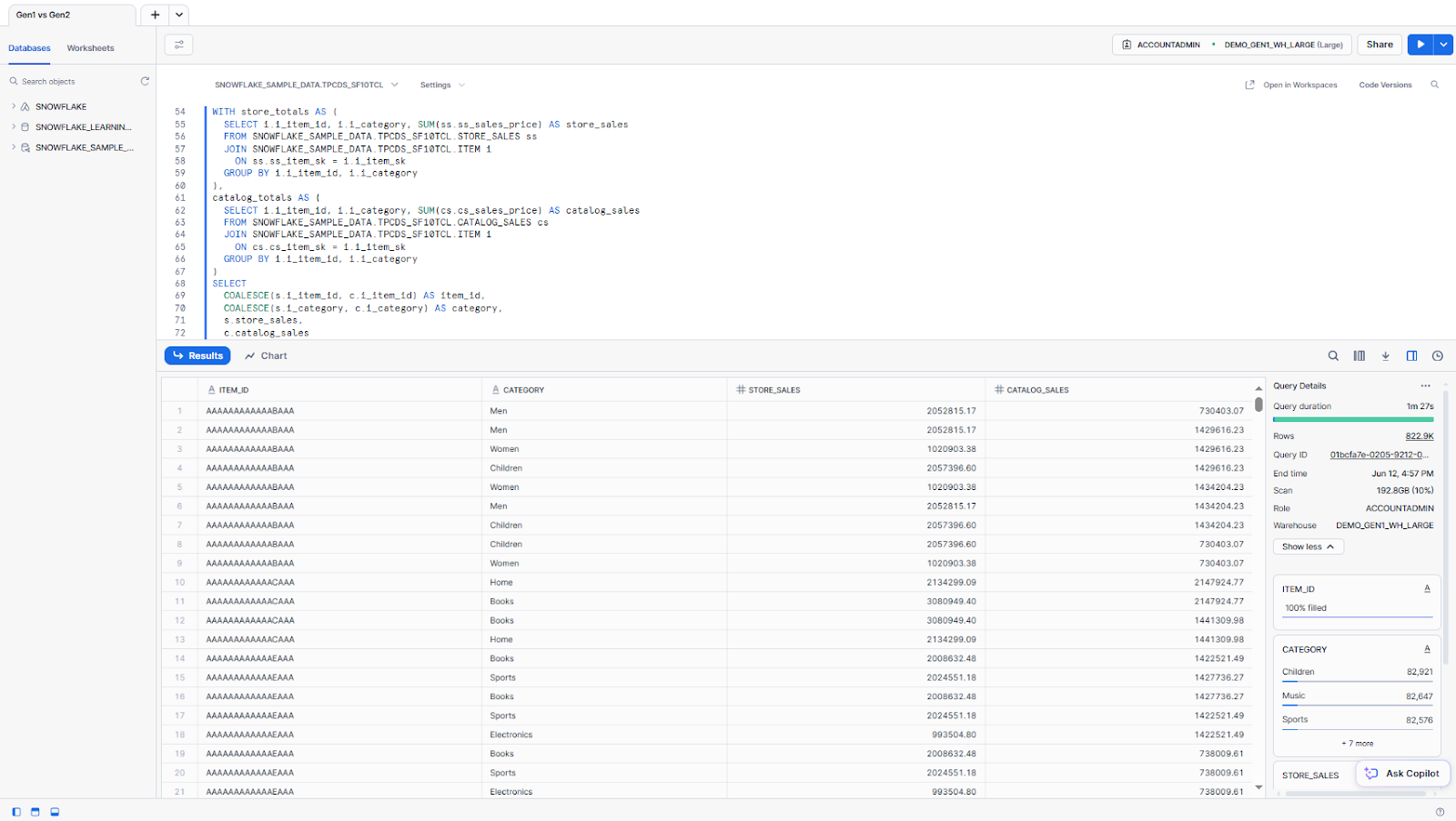 Query combining store & catalog sales by item ID and category - Snowflake Gen2 Warehouse – Snowflake Gen2 – Snowflake Data Warehouse – Snowflake Warehouse – Snowflake Virtual Warehouse – Snowflake Warehouse Size – Snowflake Warehouse Type – Snowflake CREATE WAREHOUSE – CREATE WAREHOUSE Snowflake – Create Data Warehouse in Snowflake – Snowflake ALTER WAREHOUSE – ALTER WAREHOUSE Snowflake – Snowpark-Optimized Warehouse – Snowflake AUTO SUSPEND – Snowflake AUTO RESUME – Snowflake STATEMENT_TIMEOUT_IN_SECONDS – Snowflake STATEMENT_QUEUED_TIMEOUT_IN_SECONDS – Snowflake Credit Cost – Snowflake Credit – Snowflake Snowsight – Snowflake Cloud provider – Snowflake Materialized Views – Snowflake Query Acceleration Service – Snowflake Resource Monitor – Snowflake Performance – Snowflake Query Performance – Snowflake Performance Optimization – Snowflake QUERY_HISTORY – Snowflake Query Profile – TPC-DS – TPC-DS Benchmark – Graviton3 – C7g instance – ARM architecture – SIMD – DDR5 memory – L2 cache – Local SSD
