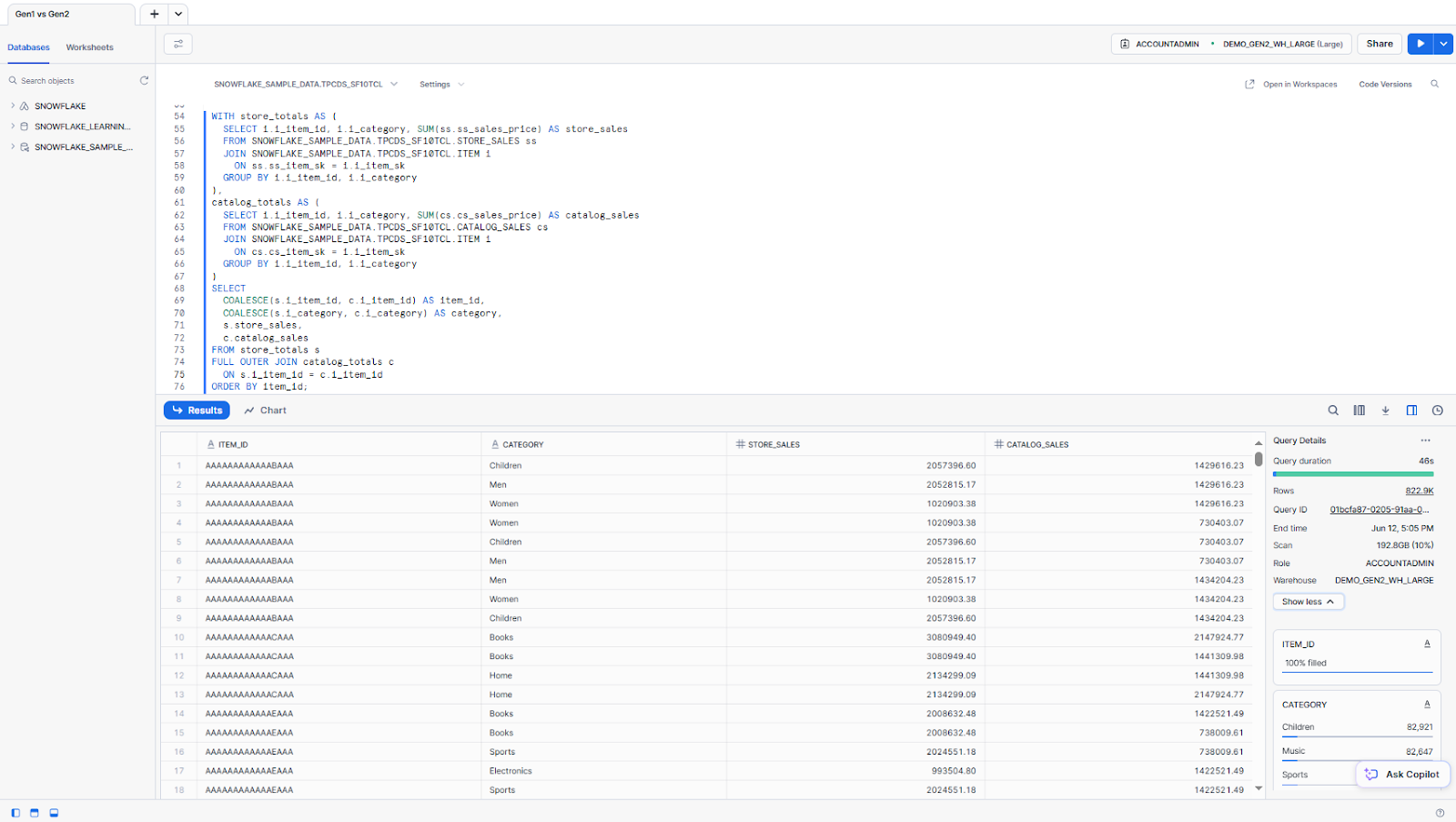 Combining store and catalog sales by item ID and category - Snowflake Gen2 Warehouse – Snowflake Gen2 – Snowflake Data Warehouse – Snowflake Warehouse – Snowflake Virtual Warehouse – Snowflake Warehouse Size – Snowflake Warehouse Type – Snowflake CREATE WAREHOUSE – CREATE WAREHOUSE Snowflake – Create Data Warehouse in Snowflake – Snowflake ALTER WAREHOUSE – ALTER WAREHOUSE Snowflake – Snowpark-Optimized Warehouse – Snowflake AUTO SUSPEND – Snowflake AUTO RESUME – Snowflake STATEMENT_TIMEOUT_IN_SECONDS – Snowflake STATEMENT_QUEUED_TIMEOUT_IN_SECONDS – Snowflake Credit Cost – Snowflake Credit – Snowflake Snowsight – Snowflake Cloud provider – Snowflake Materialized Views – Snowflake Query Acceleration Service – Snowflake Resource Monitor – Snowflake Performance – Snowflake Query Performance – Snowflake Performance Optimization – Snowflake QUERY_HISTORY – Snowflake Query Profile – TPC-DS – TPC-DS Benchmark – Graviton3 – C7g instance – ARM architecture – SIMD – DDR5 memory – L2 cache – Local SSD