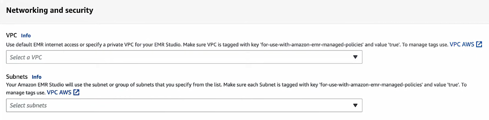 Selecting the VPC and Subnets - AWS EMR – AWS EMR Studio – EMR Studio – AWS EC2 – EC2 instance – AWS S3 – AWS KMS – AWS VPCs – AWS Identity and Access Management – AWS IAM – AWS VPC – AWS VPC endpoints – AWS EKS – Elastic Kubernetes Service – AWS SSO – AWS Identity Center – AWS Spot Instances – AWS Subnets – Subnet in AWS – EMR Serverless – EMR Cluster – EMR on EKS – S3 Encryption – KMS Encryption – EC2 Security Groups – EC2 Key Pair – EMR Instance Types – EMR Notebooks